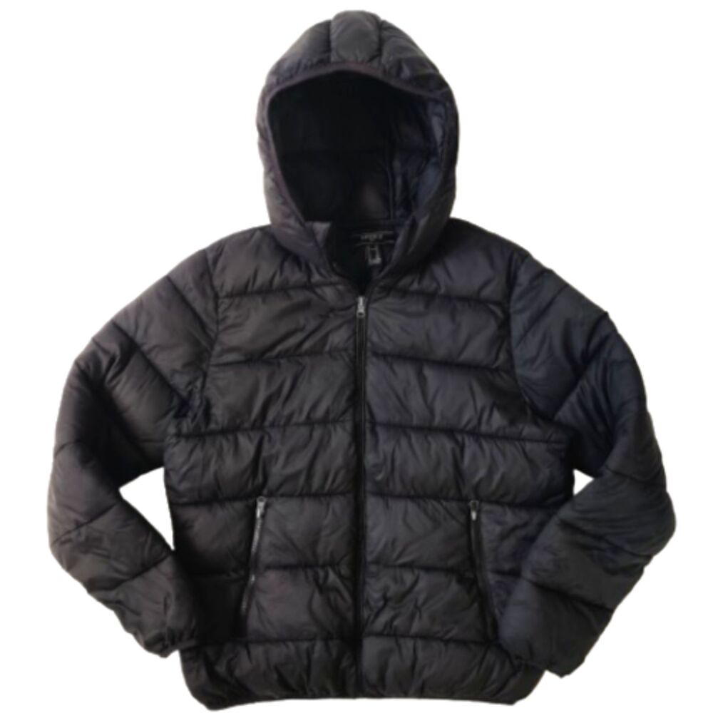 Forever 21 Mens Medium Black Hooded Puffer Jacket Full Zip Quilted Winter Coat